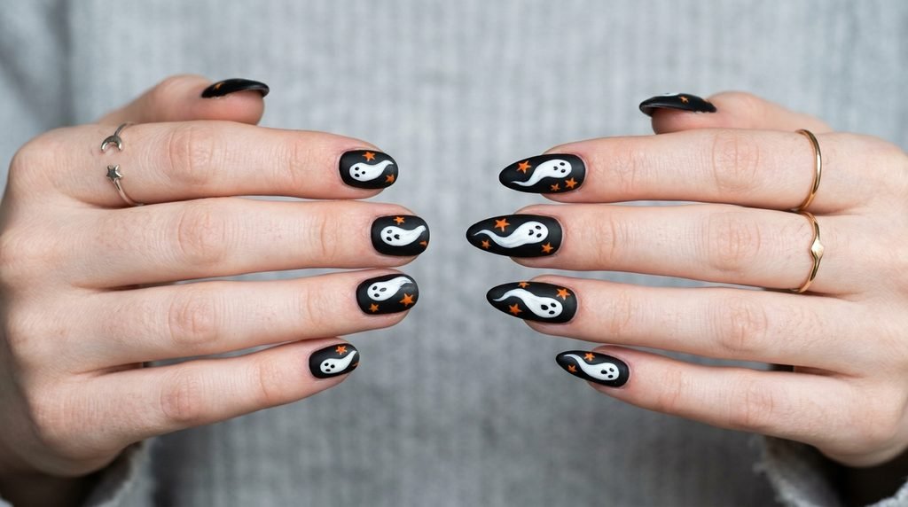 short and Long almond nails with matte black polish and ghost details held against a grey backdrop on very white skin.