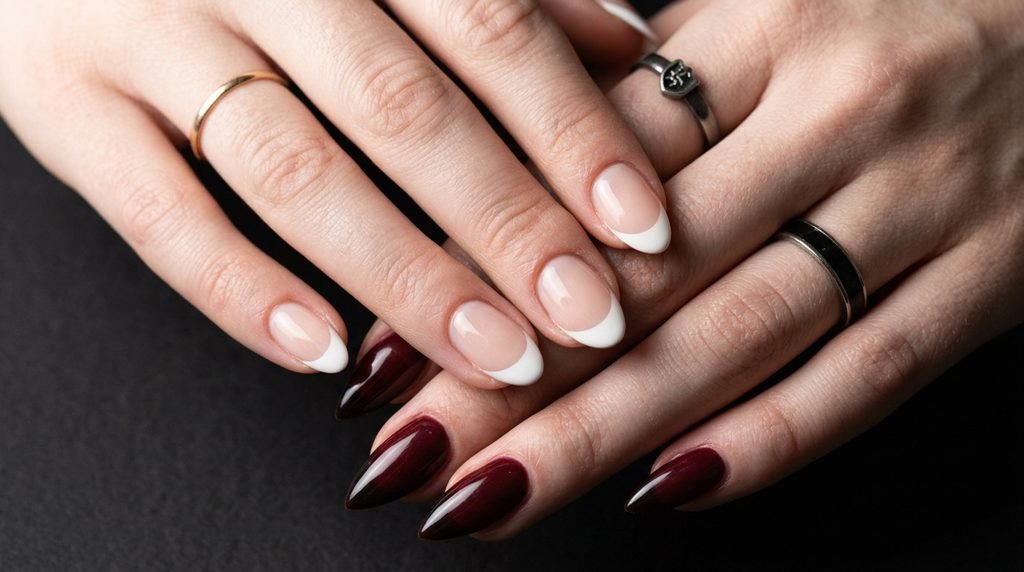 A comparison image showing a classic white French manicure on one hand and a pointed gothic oxblood French manicure on the other hand