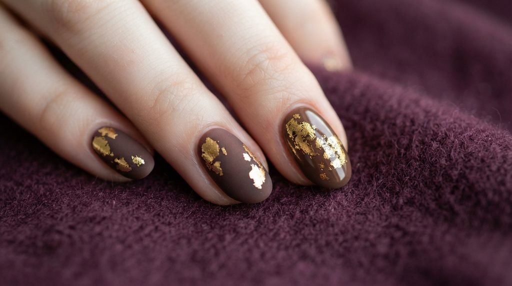 Side by side comparison of matte and gloss mocha nails with gold leaf accents.