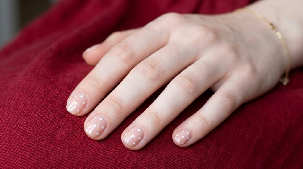 Hand showing short sheer nails on an 18-year-old white skin female hand with tiny white polka dots against red fabric.