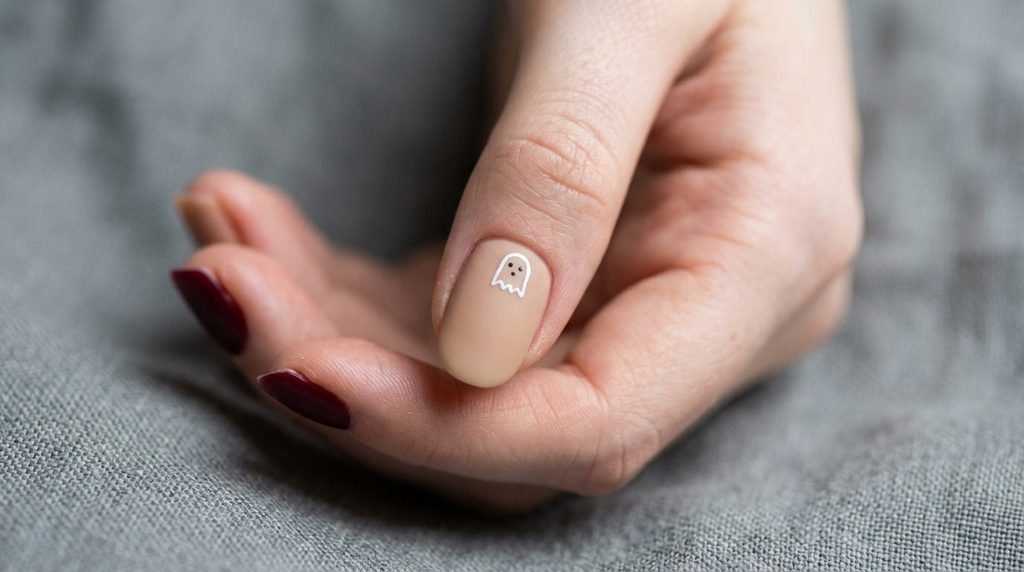 A tight close-up focus on a woman's matte-tan ring fingernail with a tiny, minimalist hand-painted ghost outline. The neighboring thumb is burgundy