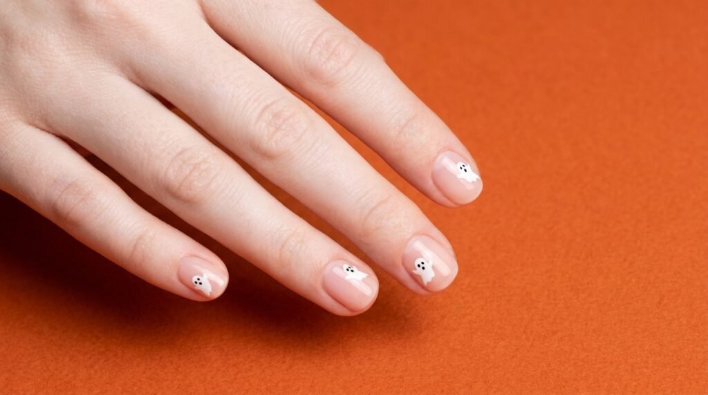 Short pink nails on a white skin hand featuring bright, solid white ghost designs on top.