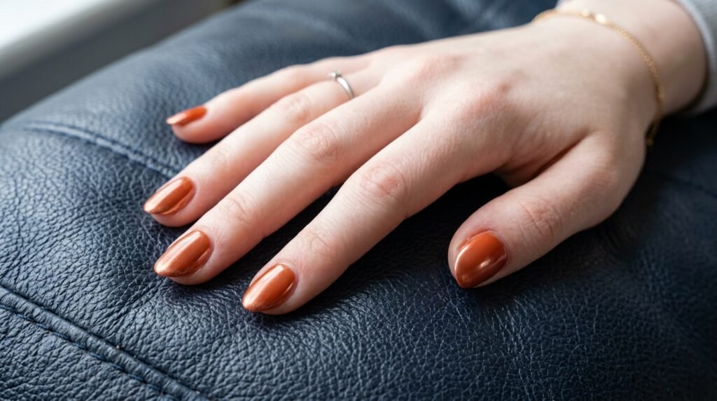 Short almond burnt orange nails with copper chrome accents on 18-year-old female hand with pale skin.