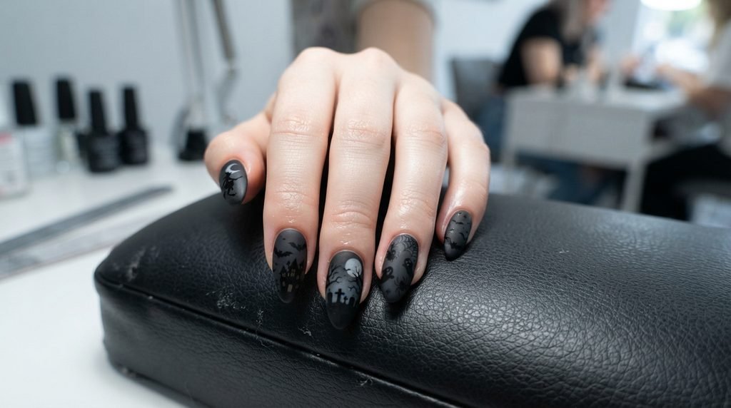 An 18-year-old female hand with white skin resting on a salon cushion showing finished matte Halloween acrylic nails.