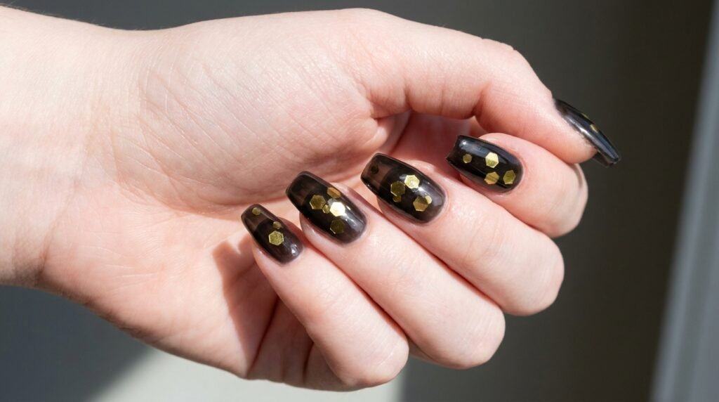 Tapered square nails polished with sheer black jelly gel encapsulating chunky gold hexagon glitter sequins.