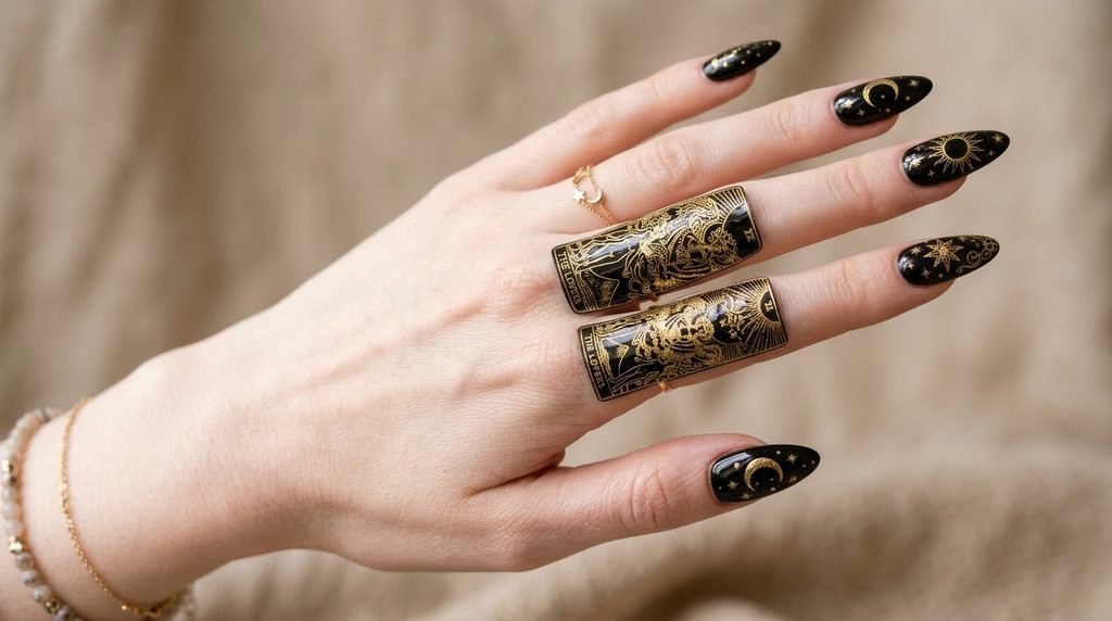 Elegant long almond black nails with detailed gold linear tarot card designs and celestial motifs flowing across the nails.