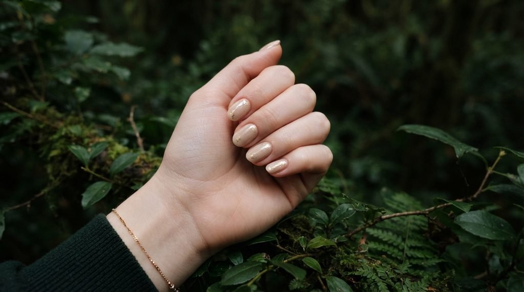Champagne beige nails with gold leaf flakes against dark green foliage.