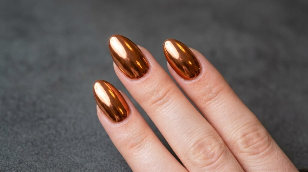 Close-up of 18-year-old female hand with very white skin showcasing reflective copper chrome almond nails.