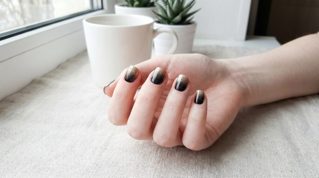 Short square nails with a subtle black to gold micro-glitter ombré gradient.