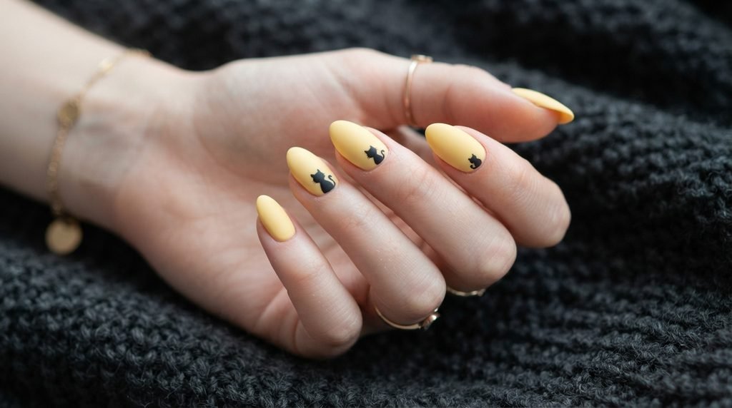 Extreme close-up of matte butter yellow almond nail with black cat silhouette against charcoal background.
