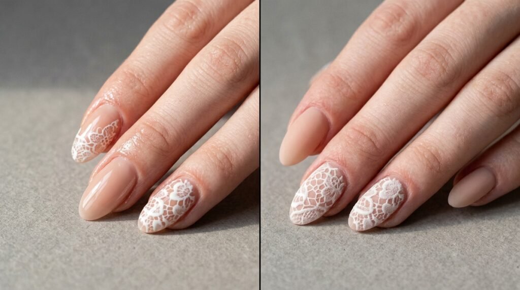 Side by side comparison of matte and glossy top coats on white lace nail art with very white skin.