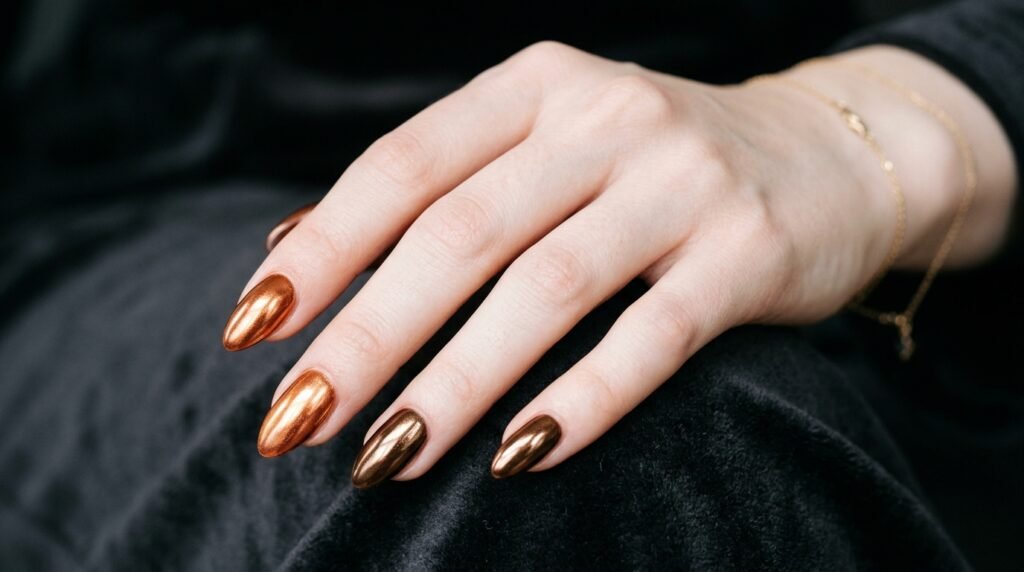 Trendy warm bronze and copper chrome almond nails on 18-year-old female hand with very white skin.
