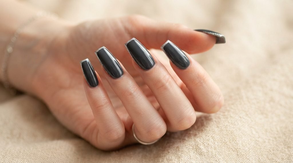 Long charcoal coffin nails framed with fine silver chrome glitter on the square tips.
