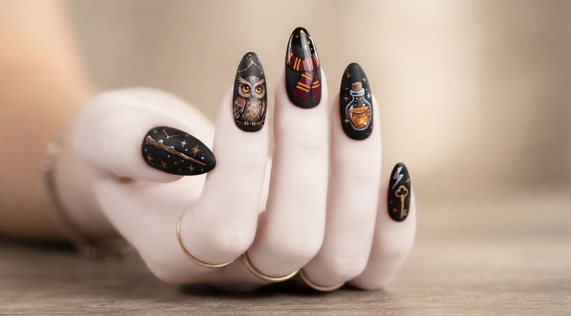 Close-up of an 18-year-old female hand with very white skin showing fantasy wizard nail art on long almond nails.