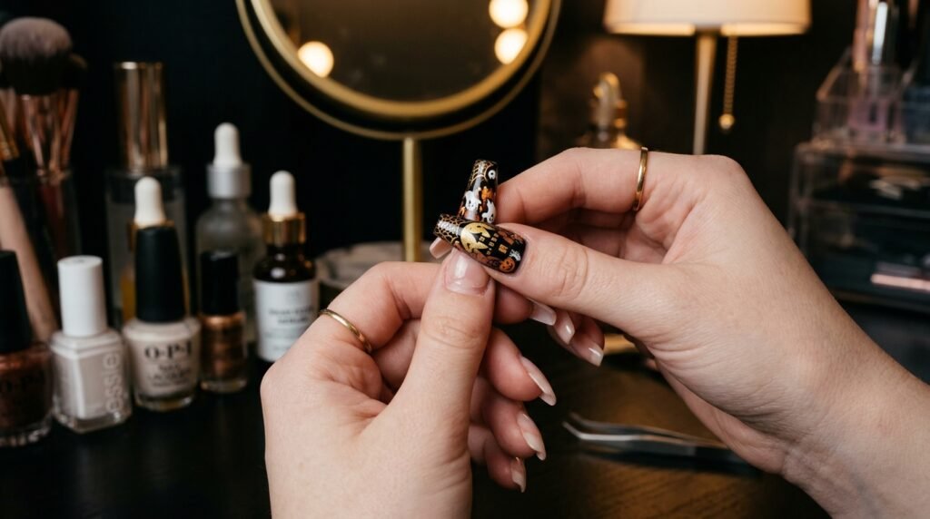 Hand applying a detailed Halloween press on nail to natural nail bed.