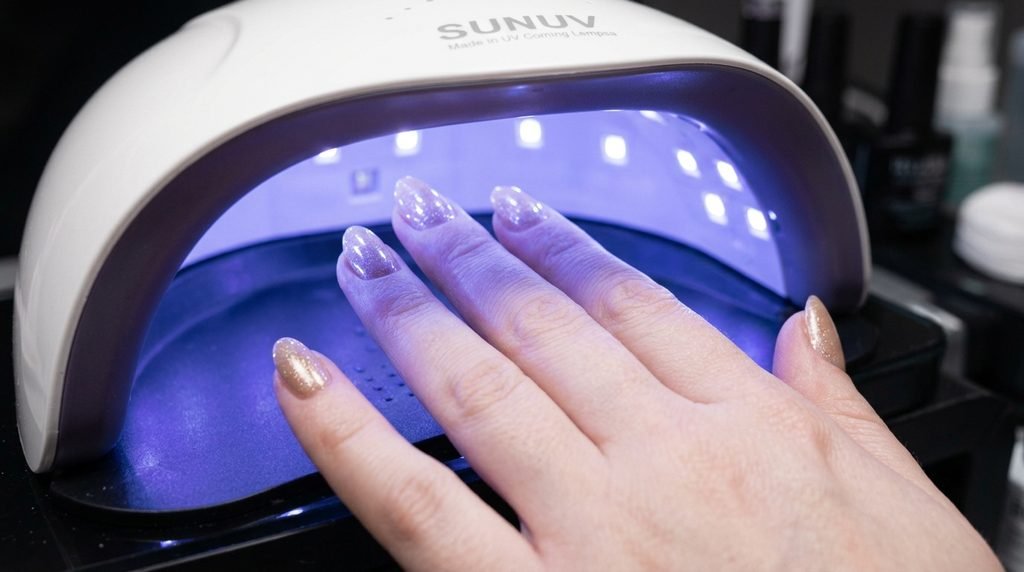 Clean champagne gel manicure application without cuticle flooding under lamp light.