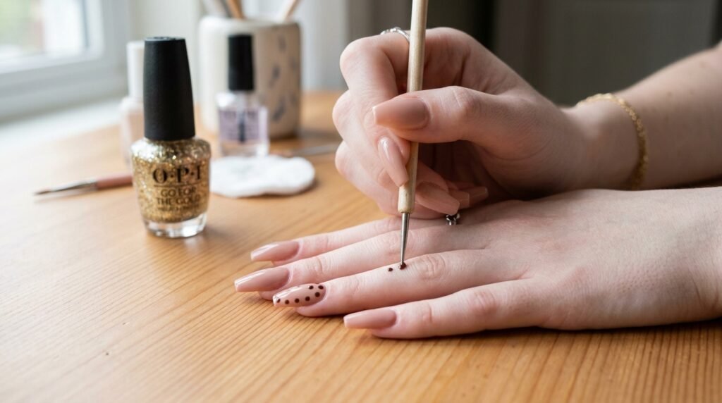 Hand with white skin using a dotting tool to paint leopard spots on a nude nail.