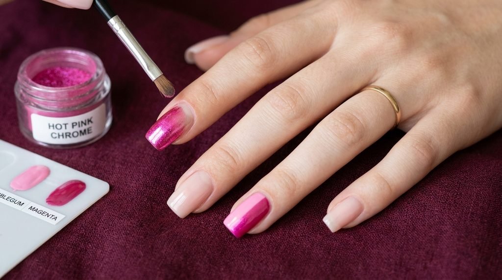 Close-up shot of an 18-year-old female hand with very white, smooth skin, featuring neatly squoval nails with a hot pink chrome powder swatch process visible and color palette swatches, posed against a luxurious rich burgundy linen background.