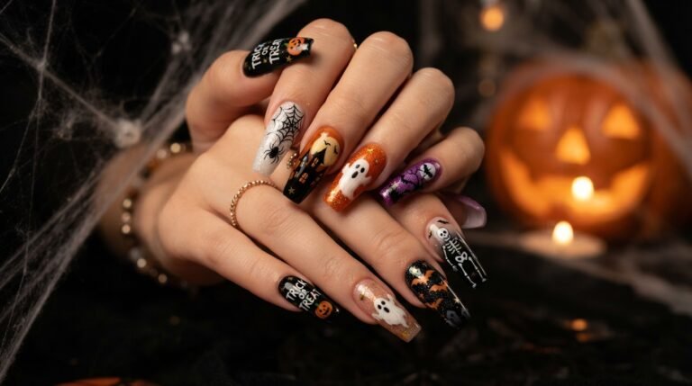 Close-up photograph of long coffin nails with detailed mismatched Halloween nail art designs.