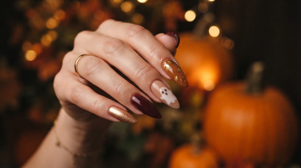 A close-up of a woman's hand with almond nails featuring deep burgundy, gold chrome, and a tiny ghost. The background is a blurred pumpkin patch.
