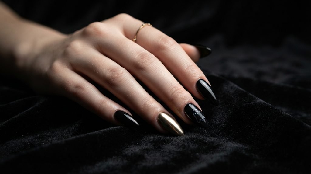 A moody close-up of a woman's hand with long stiletto nails. The nails feature a high-gloss black base, gold chrome accents, and a minimal ghost, resting on black velvet. Dramatic lighting.