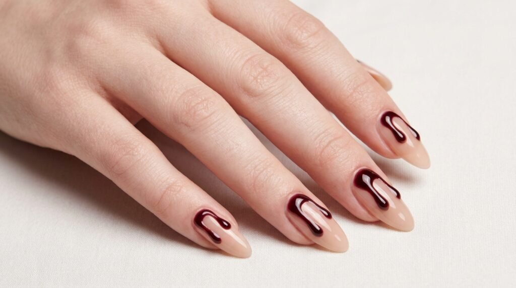 Short square nails with crisp stamped ghost face nail art on a young female hand with very white skin.