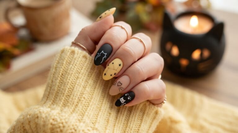 Almond nails with matte butter yellow polish, black cat silhouettes, and tiny star art on white skin.