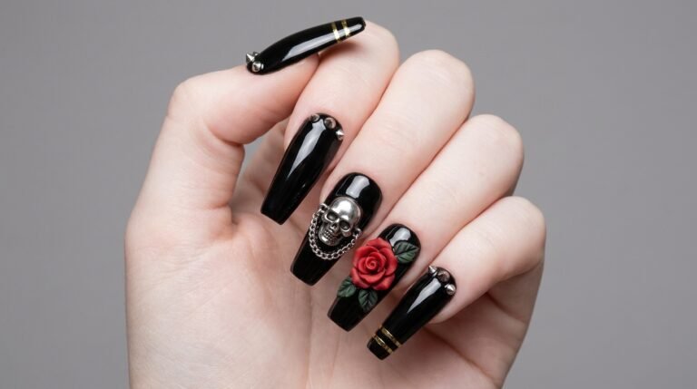 Close up of 18 year old female hand with very white skin showing black coffin nails decorated with silver skull charms red roses and fine chains.