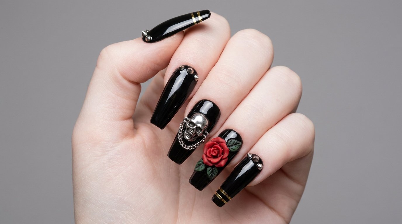 Close up of 18 year old female hand with very white skin showing black coffin nails decorated with silver skull charms red roses and fine chains.