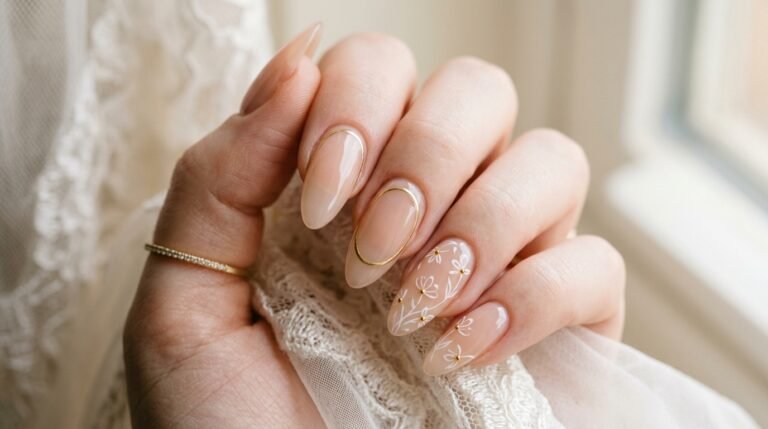 Close-up of elegant female hand with very white skin showing sheer nude almond nails featuring precise thin gold outline rims.