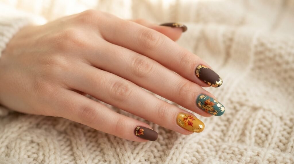 Complete female hand with very white skin showing all 5 mismatched autumn nails with maple leaf art.