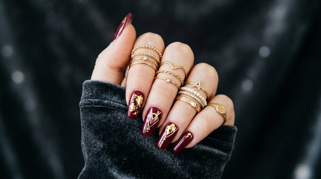 Burgundy and gold coffin nails on an 18-year-old white hand styled with gold rings and velvet clothing against charcoal background.