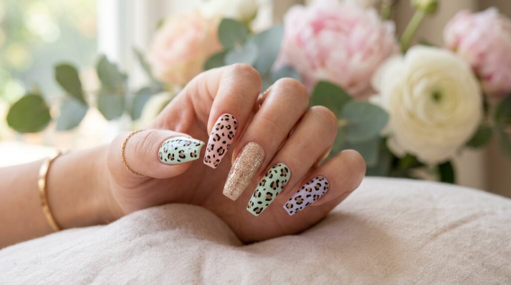 Pastel leopard print coffin nails in lavender, baby pink, and mint green with champagne gold glitter accents for spring.