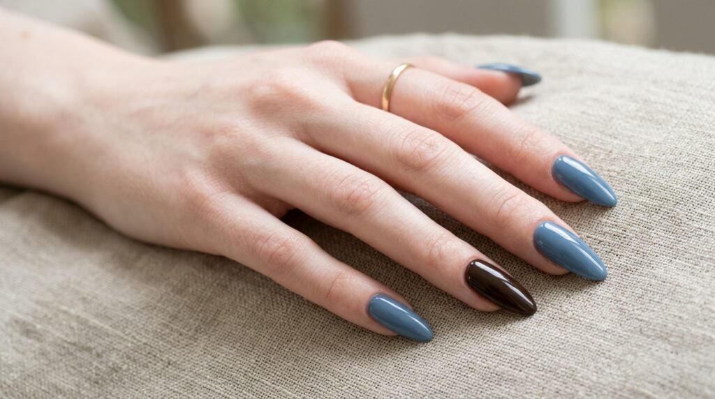 Extended female hand with very white skin showing dusty blue almond nails and one dark brown accent nail.