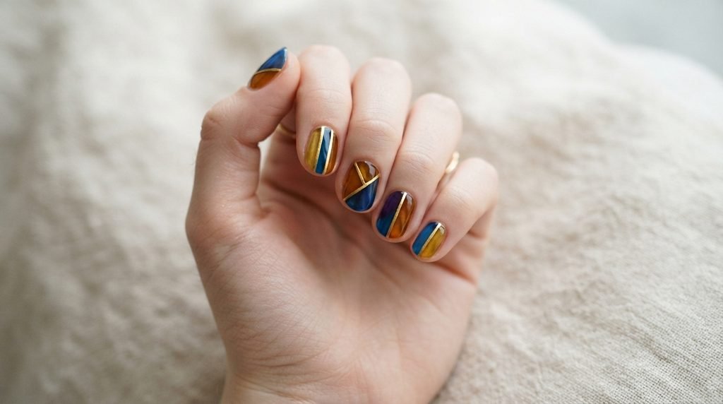Close-up photograph of a female hand age 18 with very white skin and short natural nails displaying simplified, minimalist stained glass nail art with gold outlines against a cream linen background.