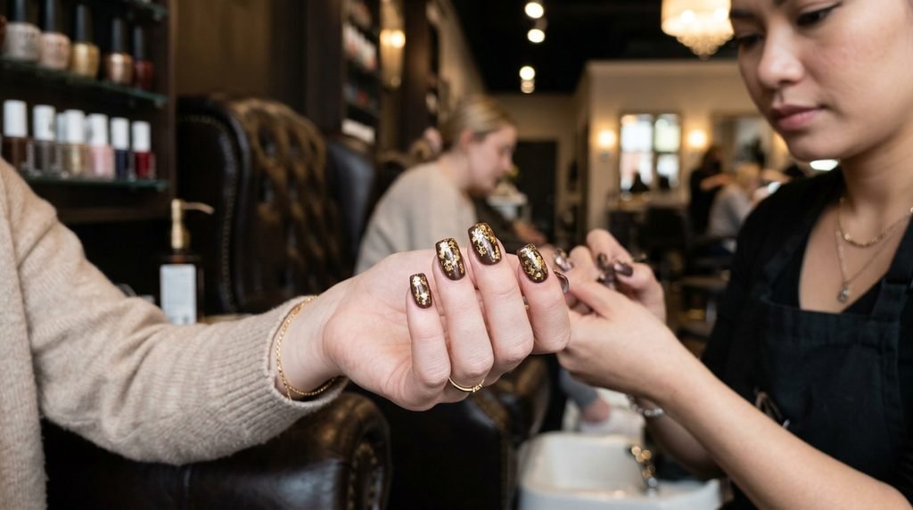 Finished mocha nude manicure with gold leaf accents showcased in a salon setting on fair skin.