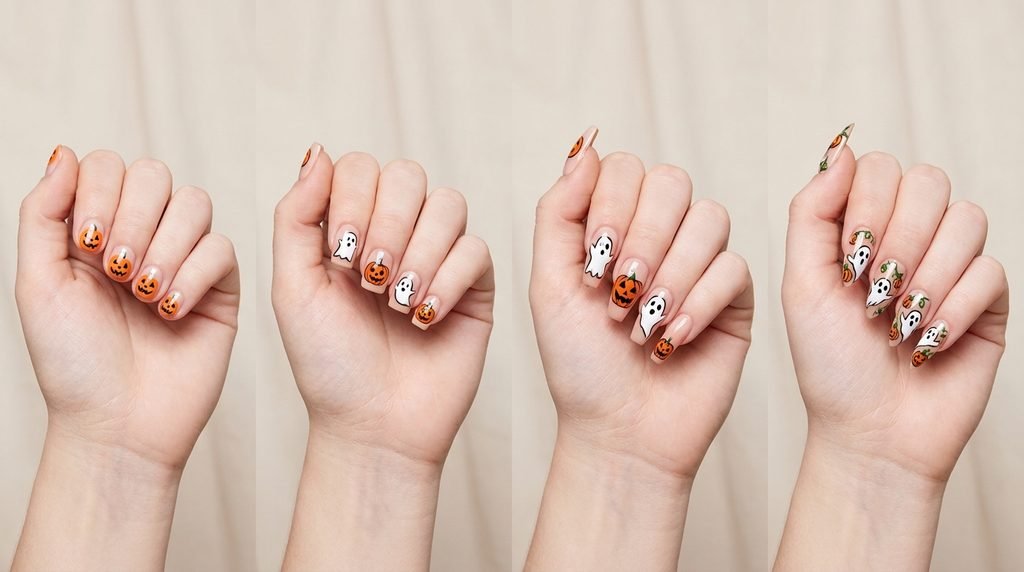 Four 18-year-old female hands with very white skin displaying cute Halloween nail art on short, square, coffin, and stiletto shapes.