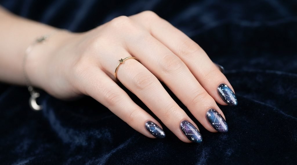 Hand-painted white star details on galaxy nails on a female hand with very white skin against dark blue velvet.