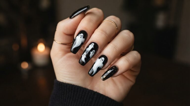 Close up of white skin female hand with long coffin black nails featuring white ghost silhouettes and fine gold accents.