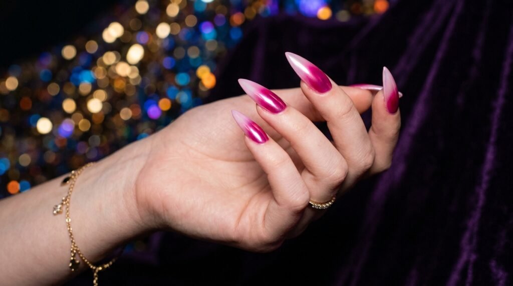 Stunning pink chrome aura stiletto nails on an 18-year-old female hand with very white skin in front of blurred colorful lights.