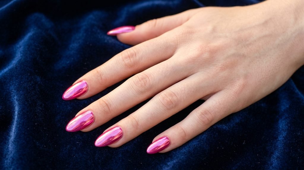 Close-up photograph of an 18-year-old female hand with smooth, very white skin, featuring medium-length almond nails with a brilliant, mirror-like hot pink chrome finish, posed elegantly against a luxurious deep navy blue velvet background.