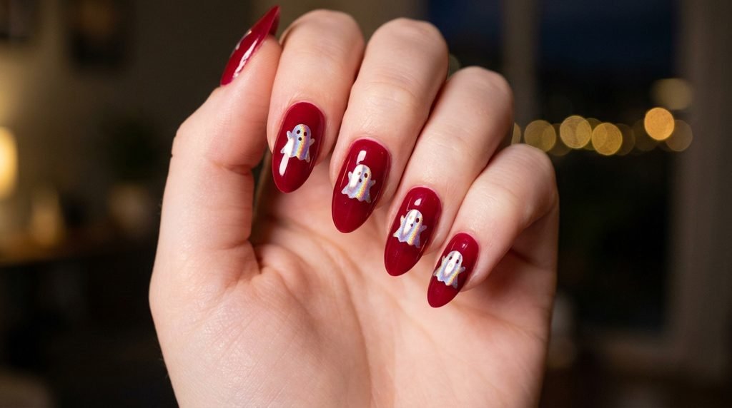 Close-up of a shimmering chrome white ghost nail design on an 18-year-old female hand with very white skin.