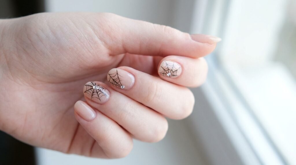 Sheer nude short nails with delicate black spiderwebs and silver rhinestones on white female hand.