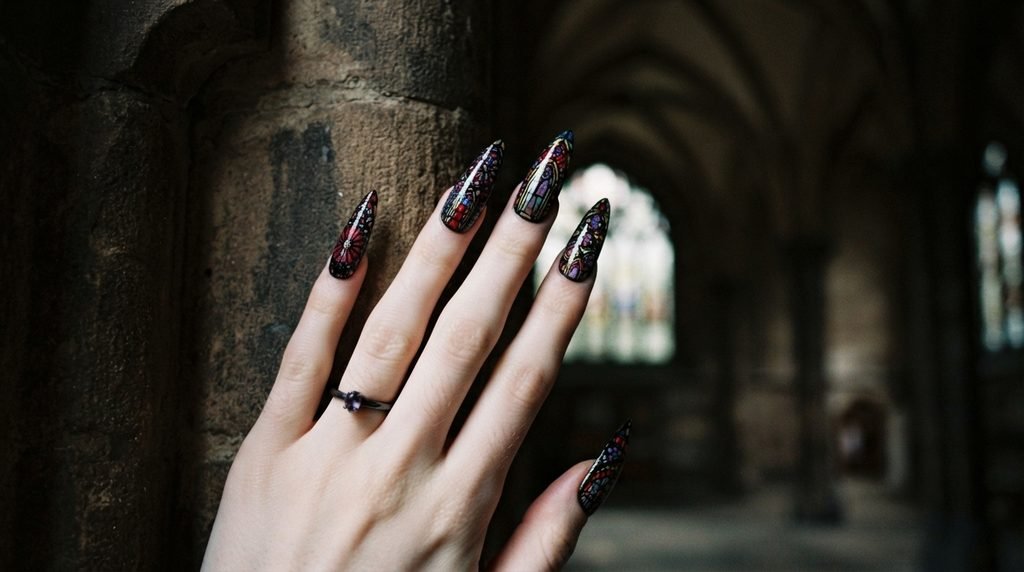 Moody close-up of stiletto-shaped gothic window nails with black outlines and transparent jewel tones on an 18-year-old female hand with very white skin against blurred stone architecture.