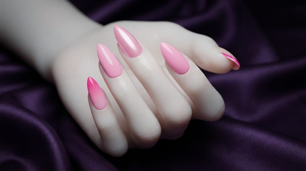 up photograph of an 18-year-old female hand with very white skin, showing diverse medium-length stiletto nails with vertical pink ombre, hot pink chrome French tip, and plain bubblegum pink finishes, posed against a luxurious dark violet silk background.