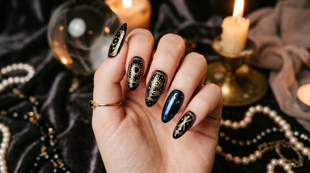 Female hand with black and gold tarot nails resting on an open tarot deck, showing specific cards, against a blurred rustic background.