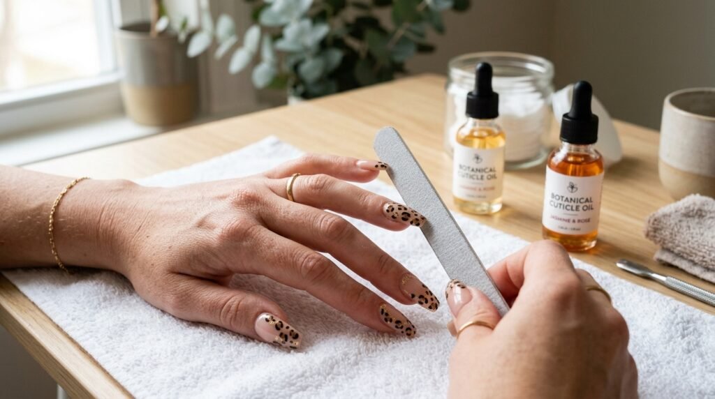 Woman filing the side edge of a leopard print coffin nail with a fine-grit nail file beside cuticle oil.