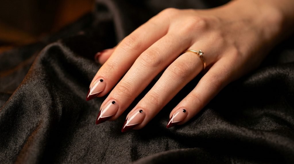 A close-up shot of short square nails with oxblood pointed French tips and small black gems at the cuticles.