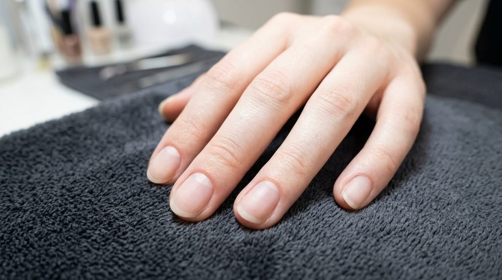 Close-up of meticulously prepped natural nails with clean cuticles on an 18-year-old female hand over dark granite.