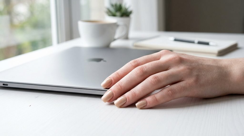 Squoval champagne beige nails on a desk beside a laptop keyboard.